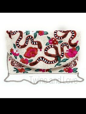 Ivory Beaded Floral & Snake Embroidered Clutch